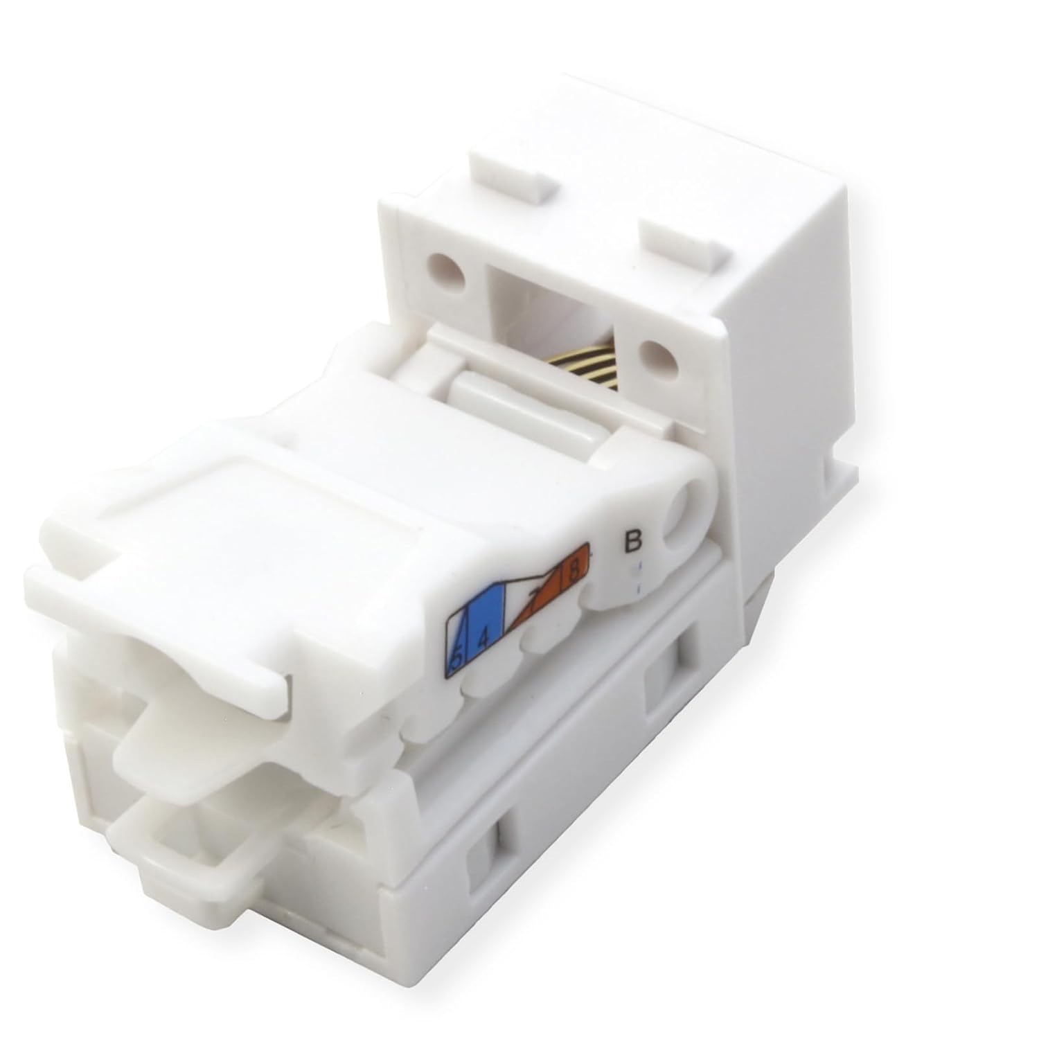 Keystone jack partially assembled with wires terminated