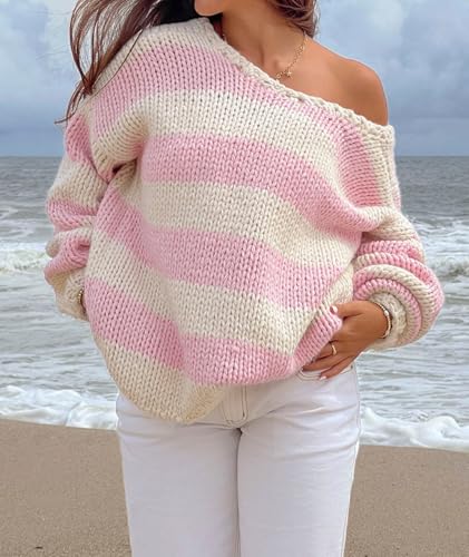Image of Women Striped Chunky Knit Sweater Drop Shoulder Long Sleeve V-Neck Oversized Sweater Pullover Loose Knit Jumper Top