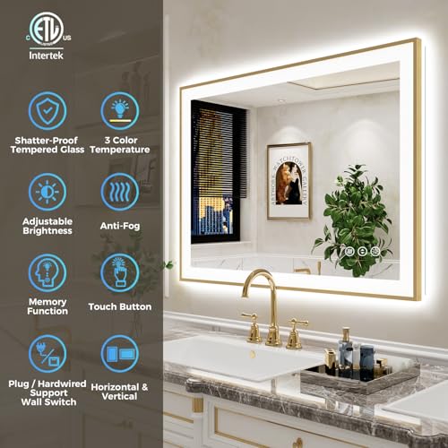 Image of 24x30 LED Bathroom Mirror with Lights, Gold Framed Lighted Mirror | Backlit and Front light, Anti-Fog, 3 Color Dimmable, Memory, Tempered Glass, IP54 Waterproof, UL Listed