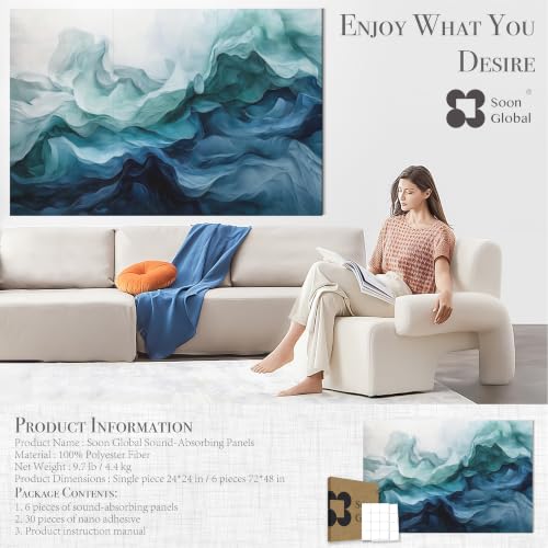 Image of Soon Global Acoustical Wall Panels, 72 X 48 Inches Art Acoustic Panels, Decorative Acoustic Panels, Acoustic Wall Panels, Sound Absorbing Wall Art, Aqua Dreams