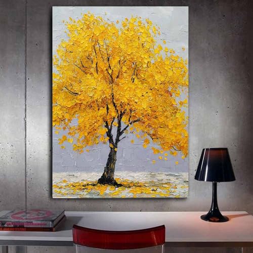 Toile de décoration murale Arbre jaune 60x80cm encadrée pour chambre et bureau