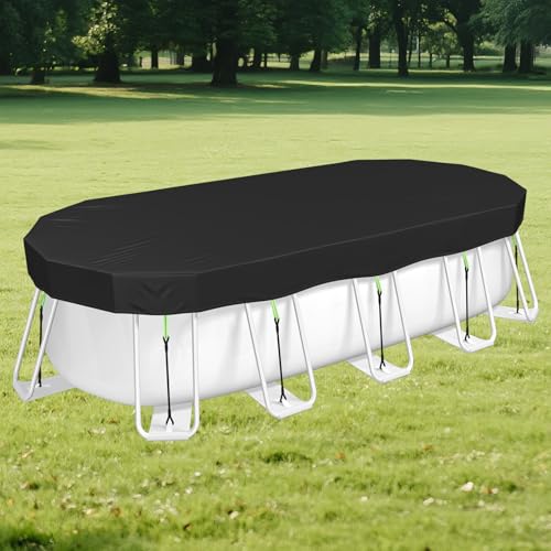 Oval Pool Cover 12 x 24 Ft for Above Ground Pool [ Upgrade 420D ] Heavy Duty Fabric Pool Cover Oval Swimming Pool Cover with Ground Nails Hook and Loop Fastener Super Windproof Quick Installation
