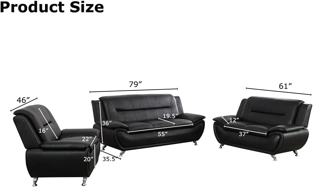 Modern Faux Leather Loveseat Set, Living Room Furniture, Black Leather Sectional Sofa Sets for Bedroom/Office/Apartment/Living Room