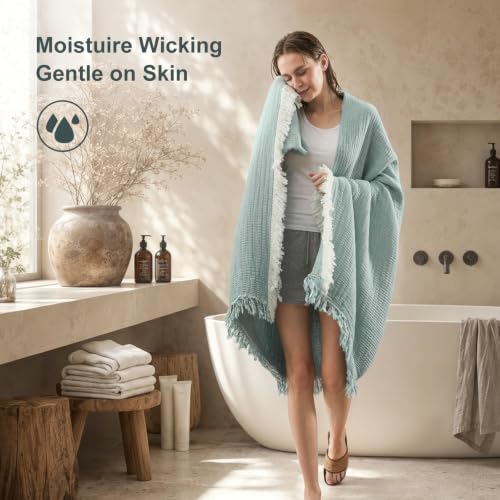 Image of EMME Muslin Queen Blanket with Tassels, 100% Cotton Gauze, Teal, 80 inchx90 inch | Soft Breathable Gauze Throw, Lightweight, Cozy for Adults Couch Sofa Bed, Gifts for Women Mom, Boho Home Decor, All Season