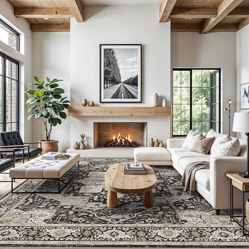 Living Room 12x12 Area Rug - Large Washable Area Rugs with Non Slip Backing Stain Resistant Carpet Indoor Soft Carpets Distressed Decoration Mat for Bedroom Dining Room 12x12 Black