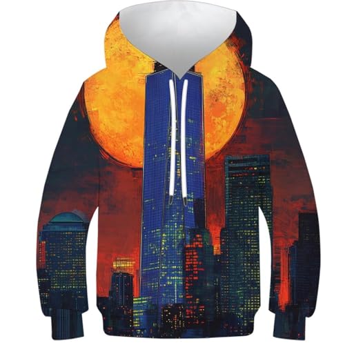 Sweat-shirt à capuche 3D pour enfants de 11 à 13 ans avec motif crépuscule urbain