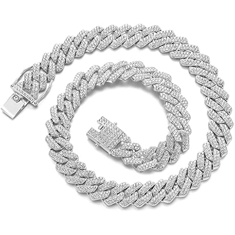 JUNVirtuous Cuban Link Chain Mens Iced Out Miami Cuban Necklace Silver/Gold Bling Diamond Hip Hop Jewelry for Women (16 inch Silver Necklace) Cover