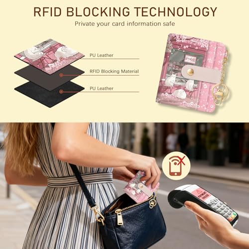 Image of Jogjam Cute Kawaii White Cats Rfid Ladies Wallet, Small Credit Card Women Wallet, Japanese Dessert House PU Leather Bifold Cash Zipper Coin Pocket for Female
