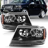 TUSDAR Halogen Headlight Assembly for 1999-2004 Jeep Grand Cherokee WJ Driver and Passenger Side Black Housing with Amber Reflector