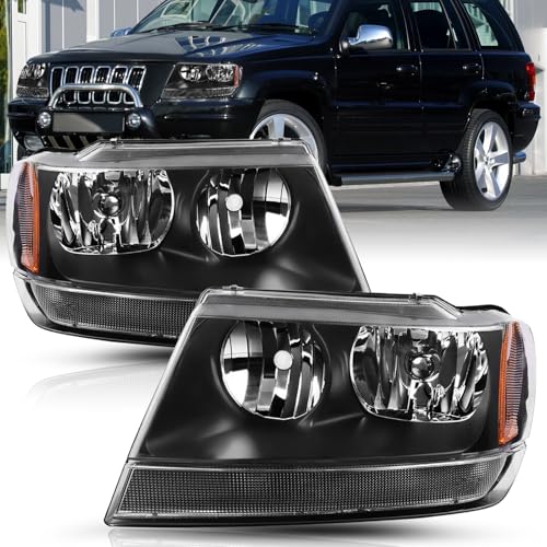 TUSDAR Halogen Headlight Assembly for 1999-2004 Jeep Grand Cherokee WJ Driver and Passenger Side Black Housing with Amber Reflector
