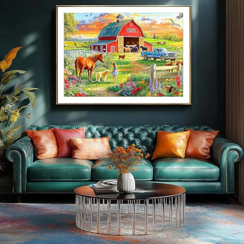 Image of Country Farm Life 500 Piece Adult Jigsaw Puzzle Red Barn & Horse Sunset Countryside Landscape Puzzle with Letters on Back Family Challenge Games Gift for Adults and Seniors(23x15 Inch)