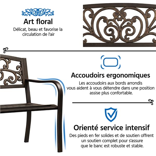 Yaheetech Banc de Jardin en métal résistant aux intempéries pour 2 à 3 Places - Banc de Repos Vintage avec Dossier - Accoudoir pour Jardin, Balcon et terrasse - Bronze