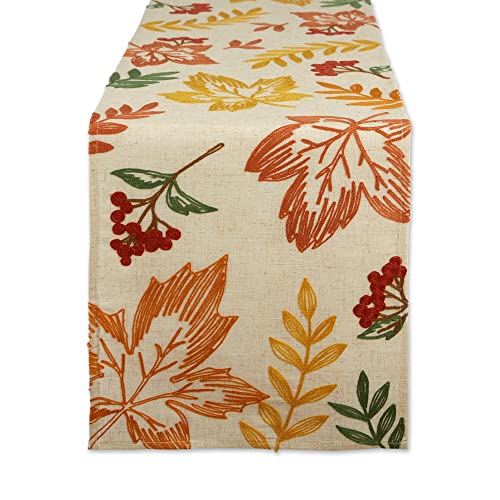 DII Fall Table Décor Embroidered Tabletop for Thanksgiving Dining, Table Runner, 14x70, Scattered Leaves