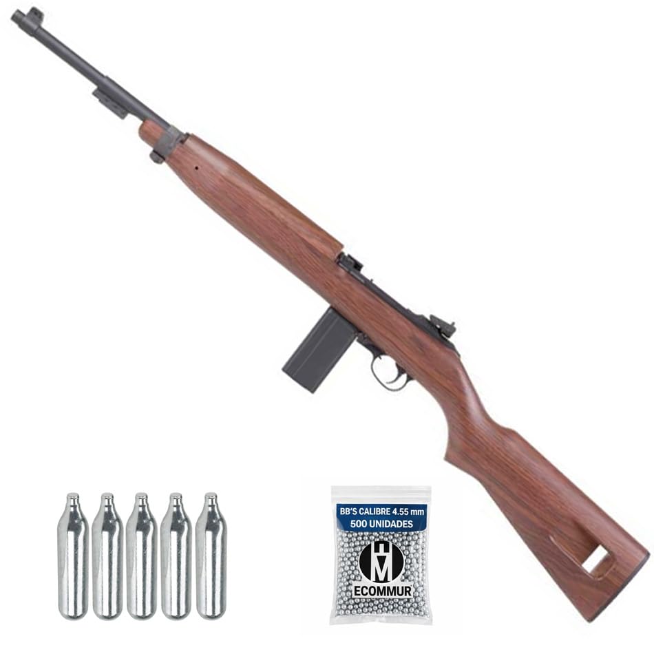 Carabina Springfield M1 (Garand) Madera Blowback CO2 (4,5MM) | Pack Que Incluye: Rifle de Aire comprimido + balines (Bolas de Acero BB's) + Cargas de CO2.