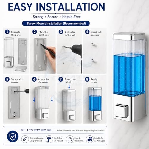 Image of BATH GURU Wall Mounted Soap Dispenser 350ml (Pack of 4) | Manual Liquid Soap, Sanitizer & Hand Wash Dispenser | ABS Plastic Shampoo Conditioner Dishwash Dispenser for Bathroom, Kitchen | Chrome Finish