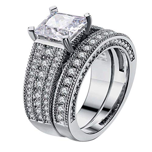 White Gold Filled Womens Wedding Ring Sets Bridal Sets Princess Cut 88mm Cz Engagement Ring 2pcs Wedding Band