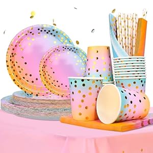 TEGOVE Juego de 176 platos de papel para fiestas,platos de papel multicolor,incluye mantel,platos,vasos,servilletas,pajitas para 25 invitados