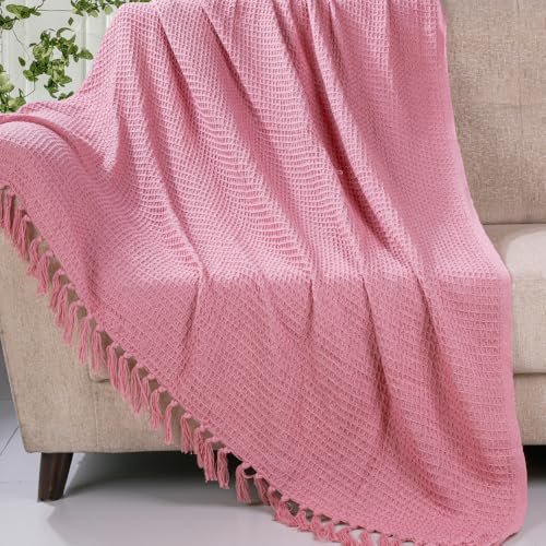Image of HOMADORN Waffle Weave Cotton Throw Blanket - Lightweight, Breathable & Cozy for Sofa or Bed (100% Cotton)(50X60 Inches) Pink