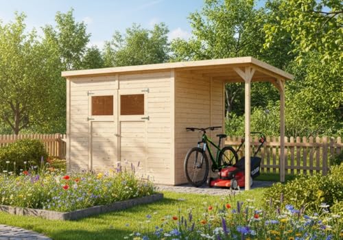 Alpholz Gerätehaus Mollie Plus 395x199 cm Fichtenholz 14 mm Wandstärke Pultdach mit Anbau und Schleppdach inkl. Montagematerial