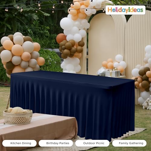 Image of HolidayIdeas 4ft Spandex Tablecloth 2 Pack Fitted Stretch Table Skirts 24x48 Inch,Navy Blue Ruffle Design Wrinkle-Free Polyester Table Cover for Vendor Booth, Parties Banquets, Events