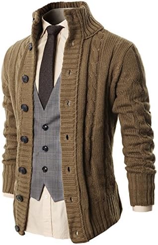 H2H Mens HIGH Neck Twisted Knit Cardigan Sweater with Button Details Beige US XL/Asia XXL (KMOCAL020)