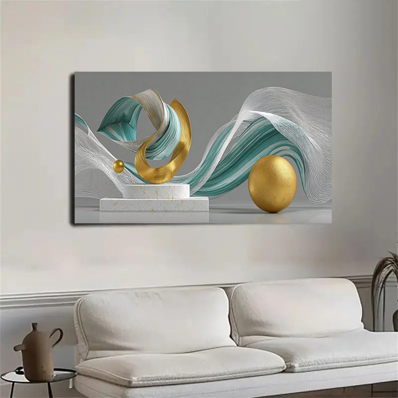 Cuadro abstracto moderno con formas onduladas, esfera dorada brillante y efecto mármol 3