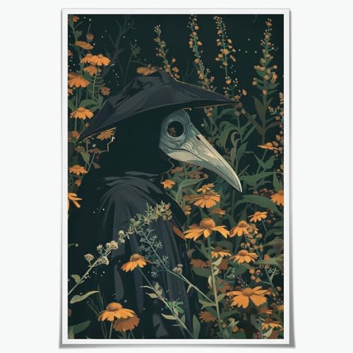Medpol Unique Halloween Wall Decor Art Vintage Raven Scary Mask Gothic Decoration Aesthetic Halloween Fall Posters Dark Academia Wall Art Unframed16x24inch