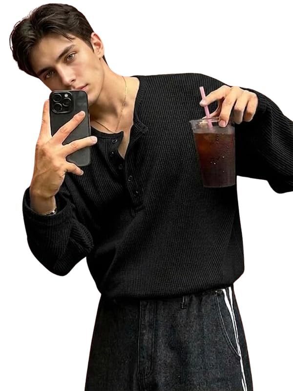 Image of Imsa Moda Men's Textured Fabric Half-Open Collar T-Shirt | Full Sleeve Casual T-Shirt for Men