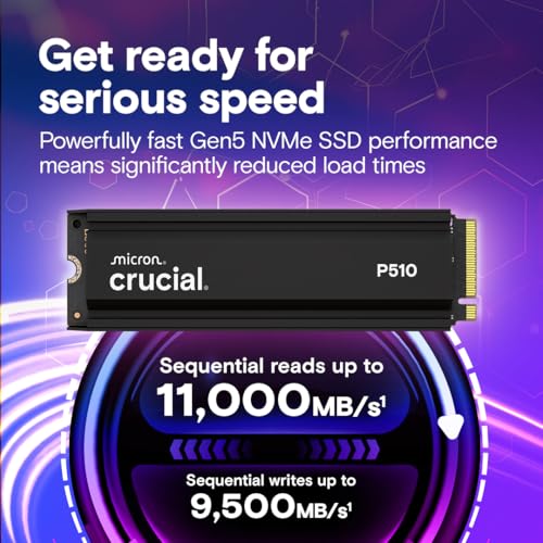 Image of Crucial P510 1TB Gen5 NVMe SSD with Heatsink, Up to 11,000 MB /s, PCIe 5.0 M.2 2280 SSD, Internal Solid State Drive, Compatible with Desktop, & PS5, +Acronis Software - CT1000P510SSD5-01