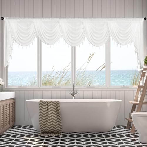 NICETOWN Faux Linen White Waterfall Sheer Window Valances for Living Room Curtains Rod Pocket Beaded Valance Sheer Kitchen Curtains for Bedroom/Weddin