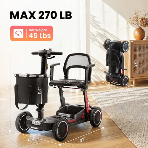 Image of Lightweight Mobility Scooter, Comfortable Foldable Motorized Scooter, 20Miles Long Range, Removable Battery, 270lbs Capacity, Only 45lb Weight, with LED Headlights and Basket, Width Adjustable