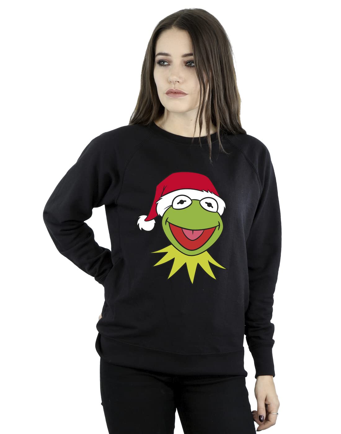 Disney Women's Muppets Kermit Christmas Head Sweatshirt Black Large
