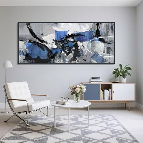 Image of Blue Abstract Wall Art - Canvas Wall Art in Blue and Black Framed Gray Artwork for Living Room, Bedroom and Office Decorations for Work - Modern Wall Decor and Pictures
