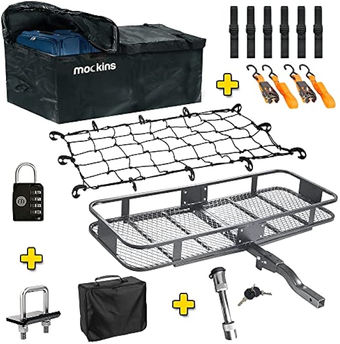 Mockins 60x20x6 Folding Cargo Carrier Hitch Mount Steel Cargo Basket |500lb Capacity Hitch Mount Cargo Carrier | Trailer Hitch Cargo Carrier with Waterproof Cargo Bag and Net| Hitch Rack Cargo Trailer