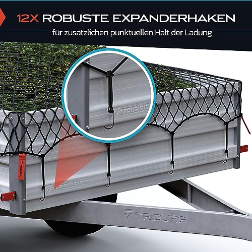 Red de Remolque TRIBURG Extensible de 2x3 m a 3x4 m Incl. 12 Ganchos de expansión - Red de Remolque elástica con Marcas en Las Esquinas y Cuerda de Goma