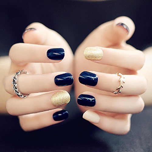 Mimei Faux ongles Blanc Bleu Or Colorés Nail art Simple Punk Style Personnalisé pour Femme ou Fille Idée Cadeau de Saint Valentin Anniversaire Cover