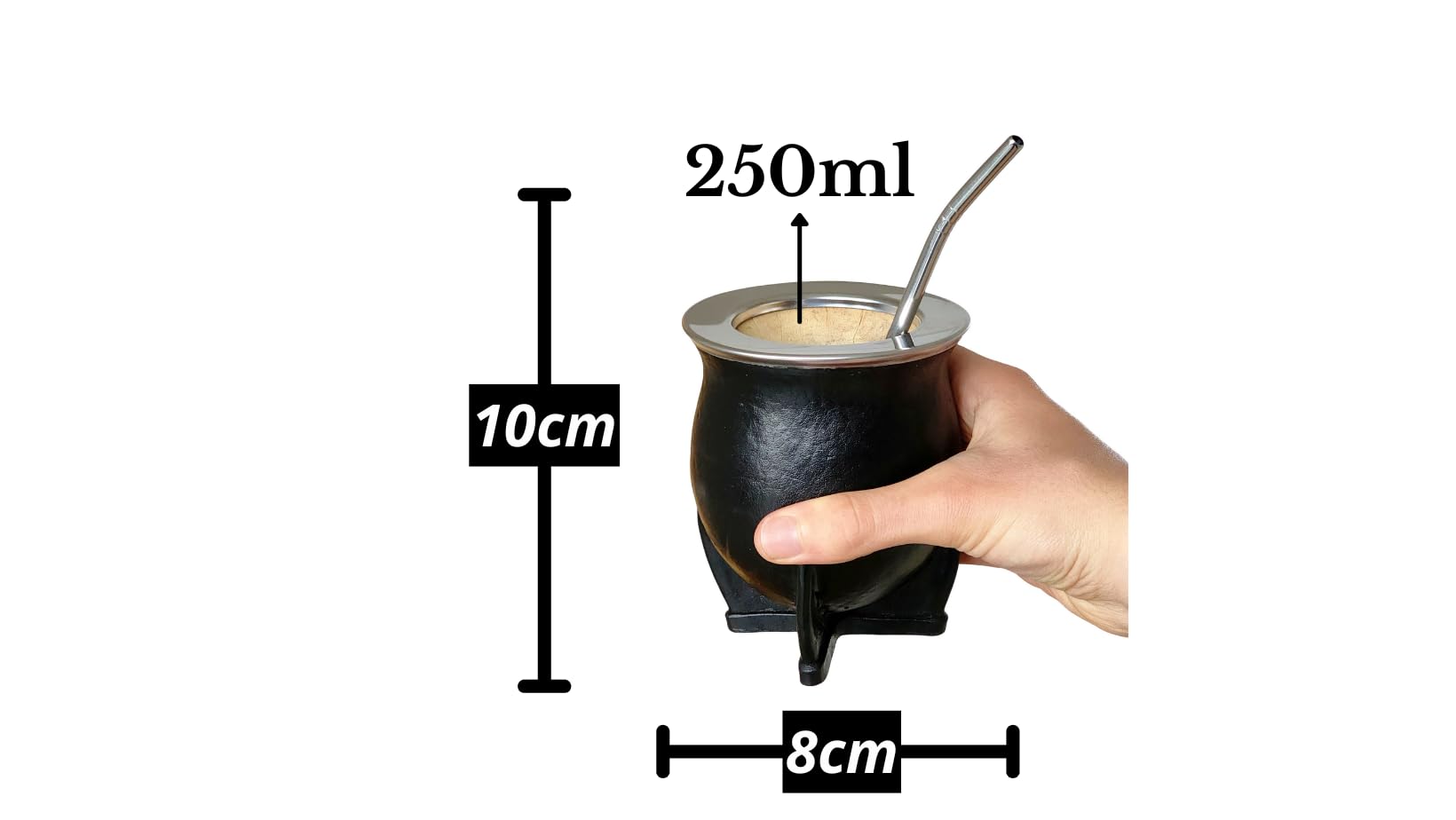 Taza Mate Argentino Hecho de Calabaza Natural - Mate de Calabaza con Exterior de Cuero Negro y Borde Liso de Acero Inoxidable - Incluye Bombilla