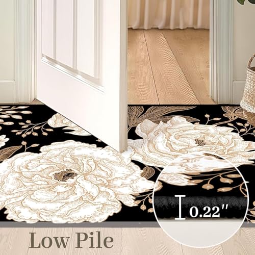 Image of Rugcomf Runner Rug for Hallways Kitchen Rug Non Slip 22 * 45 cm Washable Rugs with Rubber Backing Soft Floral Carpet Runner for Hallways, Kitchen, Laundry, Bedroom, Bathroom(Golden Black)