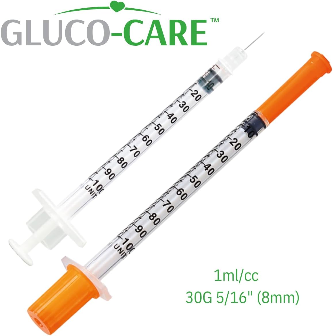 GLUCO-CARE 1 ml/cc Syringes 30G x 5/16’’ (8mm), Orange Cap, 100/box