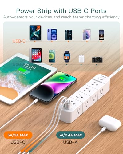 Image of 15ft Surge Protector Power Strip, Flat Plug Extension Cord with 12 Outlets, 3 USB Ports (2 USB C), Long Cord Power Strips with