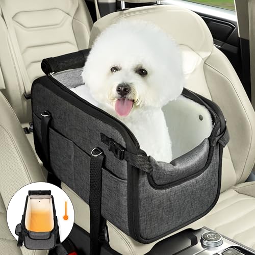 WOYYHO Asiento de coche para perros pequeños con forro de terciopelo extraíble, consola central, asiento de coche para cachorro, gato con cinturón de seguridad, asiento elevador para perro,