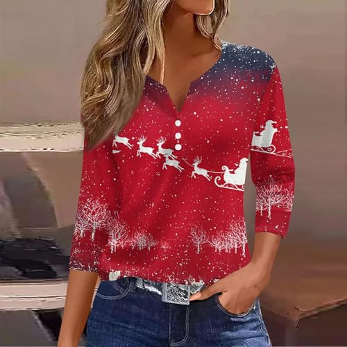 Image of Women Christmas Shirt 3 /4 Length Sleeve Henley Tops Xmas Outfits