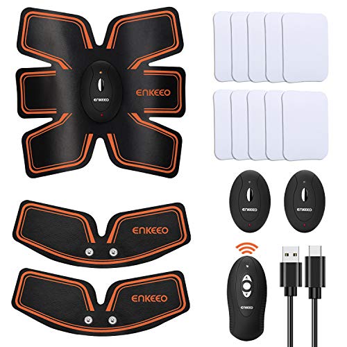 ENKEEO Elettrostimolatore Muscolare, 3 in 1 EMS Addominali Trainer Telecomando Wireless, USB Ricaricabile, 10 Gel in Omaggio, 6 Modalità e 10 livelli di Intensità, Unisex