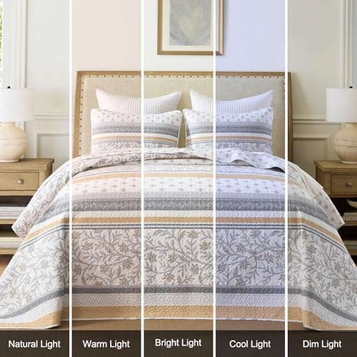 Bedduvit 100% Cotton 120"x120" Oversized King Bedspread - Farmhouse Rustic Floral Striped Patchwork Extra Wide King Quilt Set, Lightweight Reversible Bedspreads for All Season, 3pcs, Yellow/Gray/White - image 7
