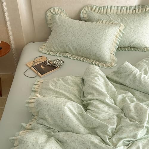Image of VM VOUGEMARKET Ruffle Duvet Cover Set Twin,Vintage Sage Green Floral Duvet Cover with Romantic Ruffles,Double-Layer Gauze Cotton Bedding Set,Comfy,Breathable & Lightweight for Teen Girls-68 x86