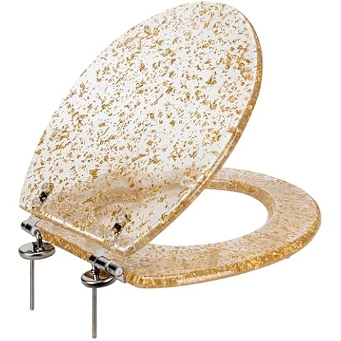 Polyresin Gold Leaf Toilet Seat By PREMIUS, Standard Round, 17 Inches, Clear, Unique & Eye-Catching Design, Shimmering Gold Leaf Accent, Stainless Steel Hinges Cover