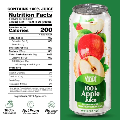 Image of VINUT 100% Apple Juice, No Added Sugar, Not From Concentrate, 16.9 fl oz (500 mL) Can, Pack of 6