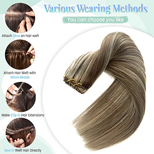 Image of Sew in Hair Extensions Real Human Hair, 16 Inch 100G Weft Hair Extensions Human Hair, Ash Brown and Blonde Balayage Ash Blonde Highlights Hand Tied Weft Hair Extensions Human Hair Weave Bundles
