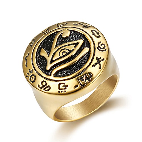 Men's Stainless Steel Egypt Eye of Horus Ring Round Top Signet Protection Symbol Jewelry
