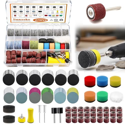 Sunxeke 279PCS 1Inch Sanding Discs and Drum for Dremel Tool Accessories 60-10000 Grit Hook and Loop Sandpaper for Polishing Kit Sanding Bits kit for Resin/Rock/Making Jewelry Polishing